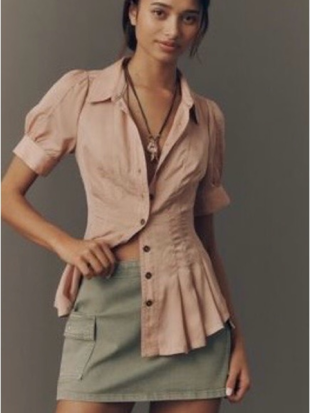 Anthropologie Pilcro Blush Pink Short-Sleeve Button Front Peplum Shirt